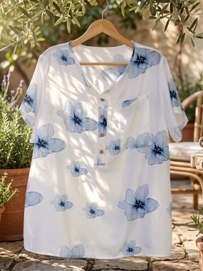 Women's White Floral Button-Front Top with Blue Blooms